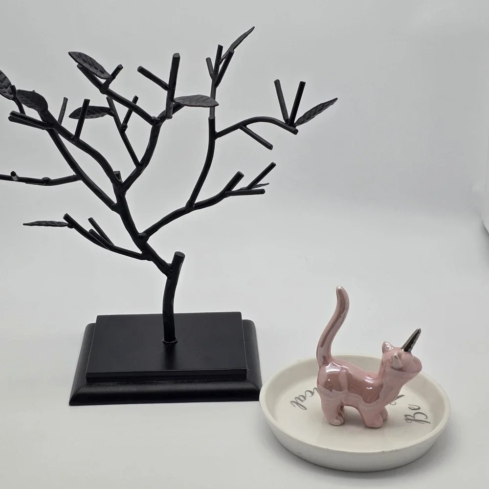Jewelry Organizer Set Black Tree + Pink Cat Unicorn Dish Bundle‎ Whimsical Girly